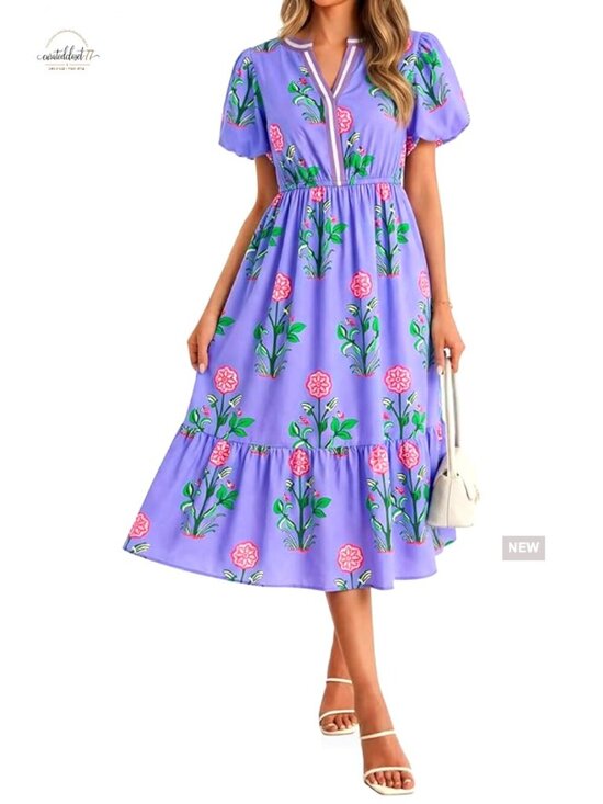Dresses & Skirts - Summer Floral Maxi Dress A-Line Puff Sleeve V-Neck Boho Beach Vacation